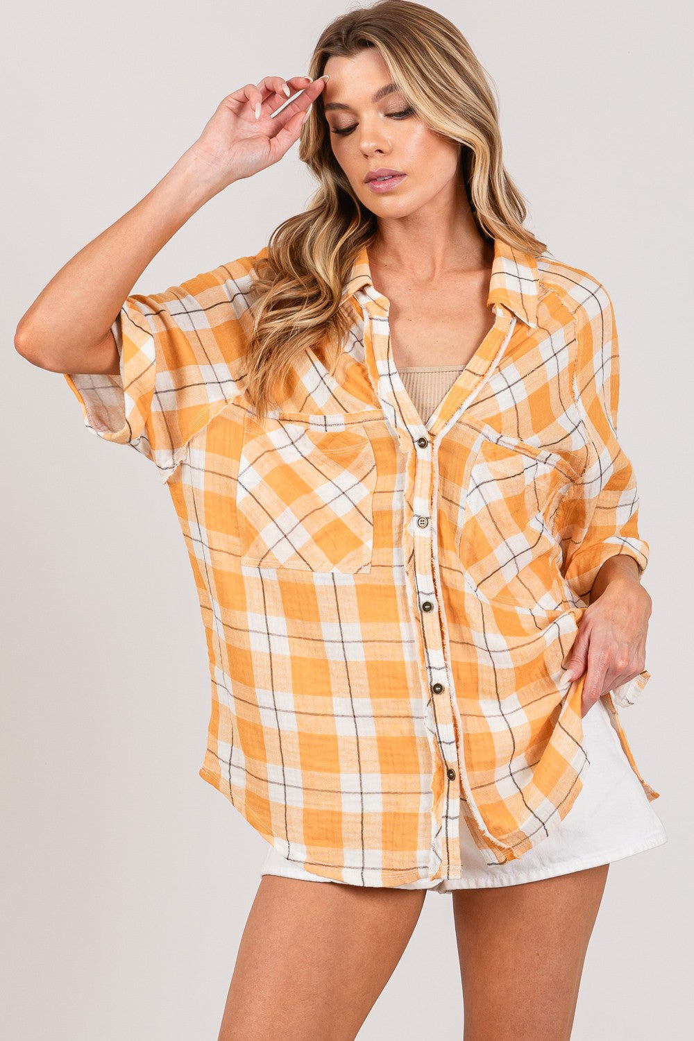 SAGE + FIG Plaid Button Up Side Slit Shirt Trandify deal