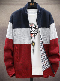 Men's Plus Size Color Block Zip-Up Cardigan – Trendy Sweater for Big & Tall