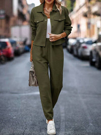 Plaid Texture Snap Down Top and Pants Set Trandify deal