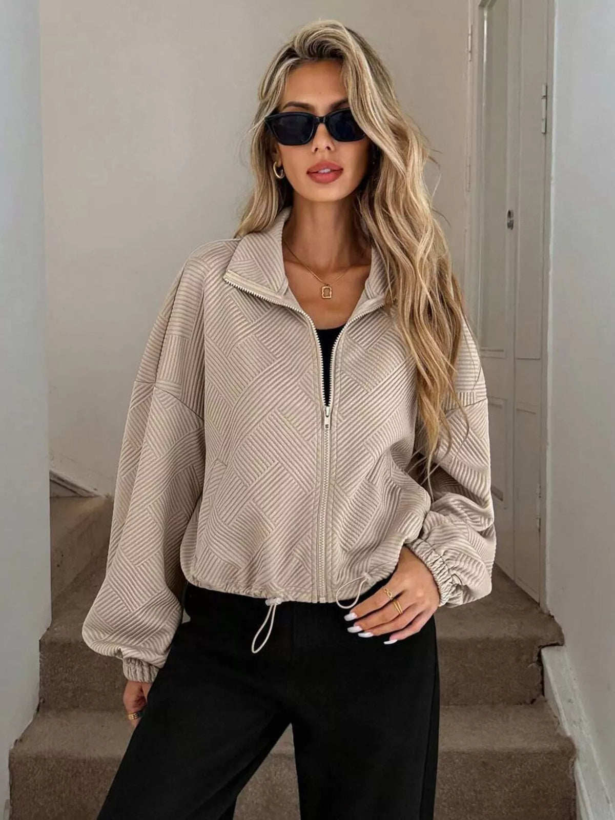 Women's Ribbed Drawstring Jacket - Casual Long Sleeve Zip-Up