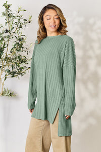 Basic Bae Full Size Ribbed Round Neck Long Sleeve Slit Top Trandify Deal