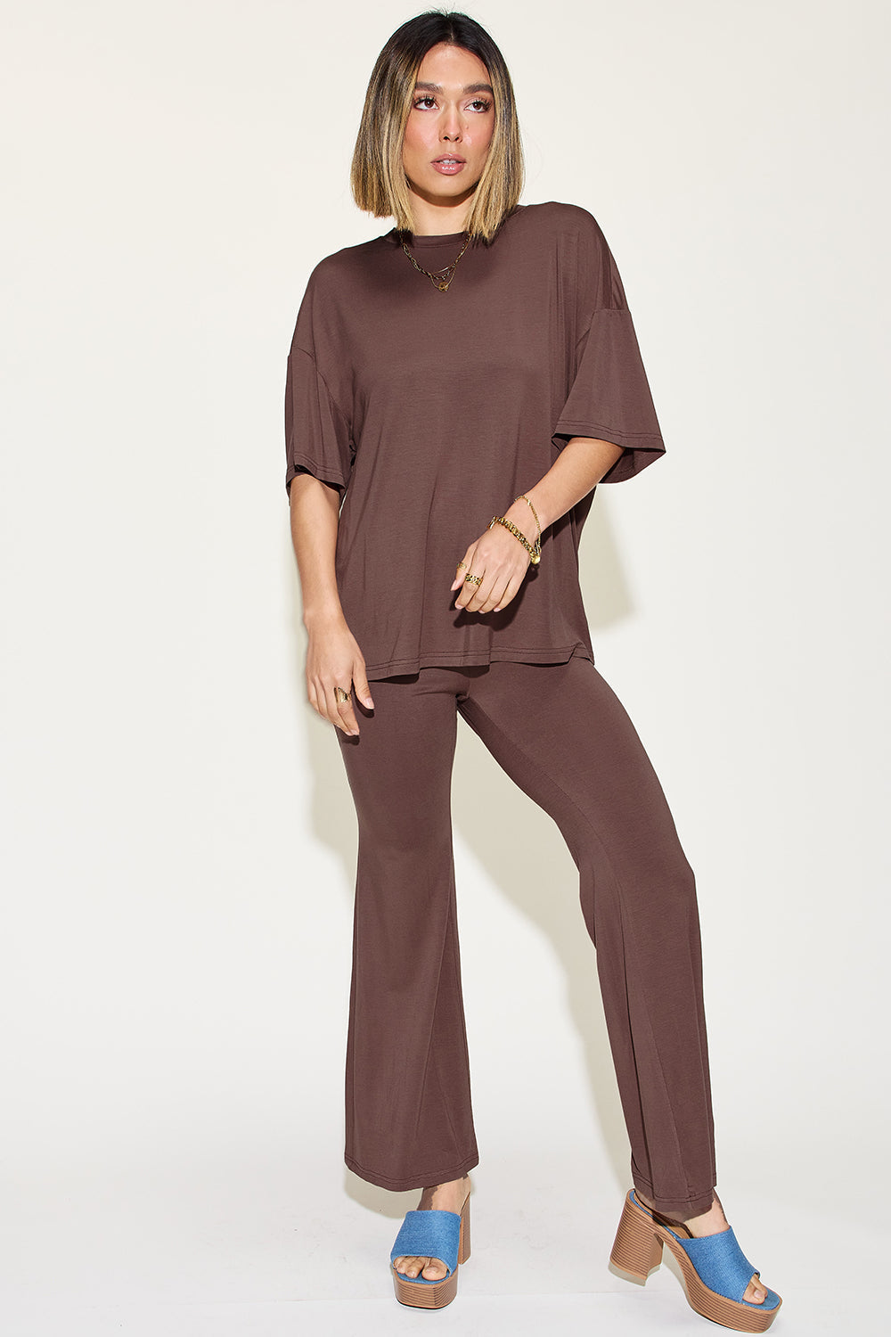Basic Bae Full Size Bamboo Drop Shoulder T-Shirt and Flare Pants Set Trandify Deal