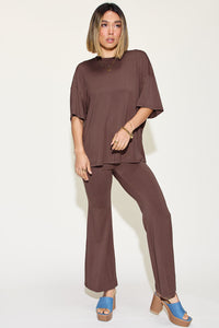 Basic Bae Full Size Bamboo Drop Shoulder T-Shirt and Flare Pants Set Trandify Deal