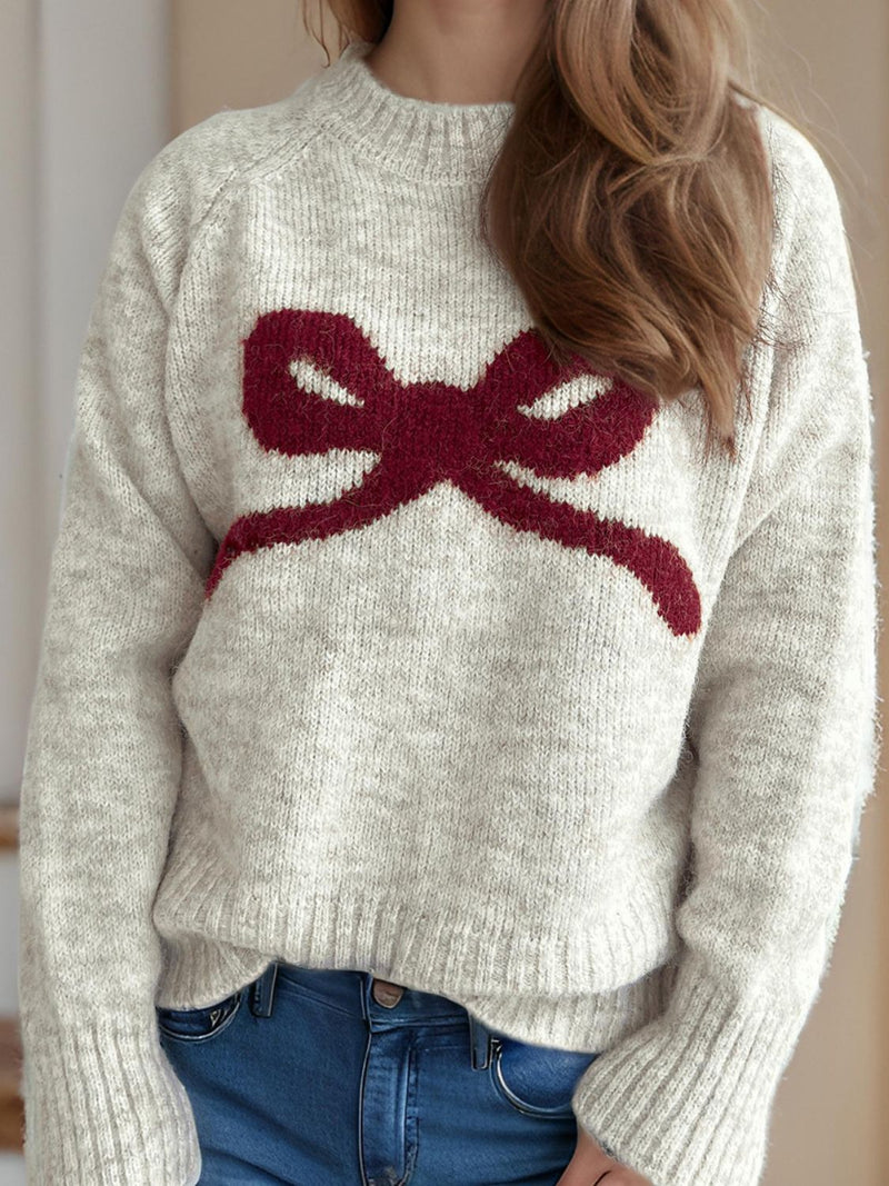 Bow Round Neck Long Sleeve Sweater Trandify Deal