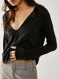 Exposed Seam Notched Long Sleeve T-Shirt Trandify Deal