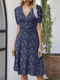 Printed V-Neck Short Sleeve Dress Trandify deal