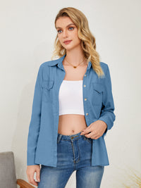Pocketed Button Up Long Sleeve Denim Shirt Trandify deal