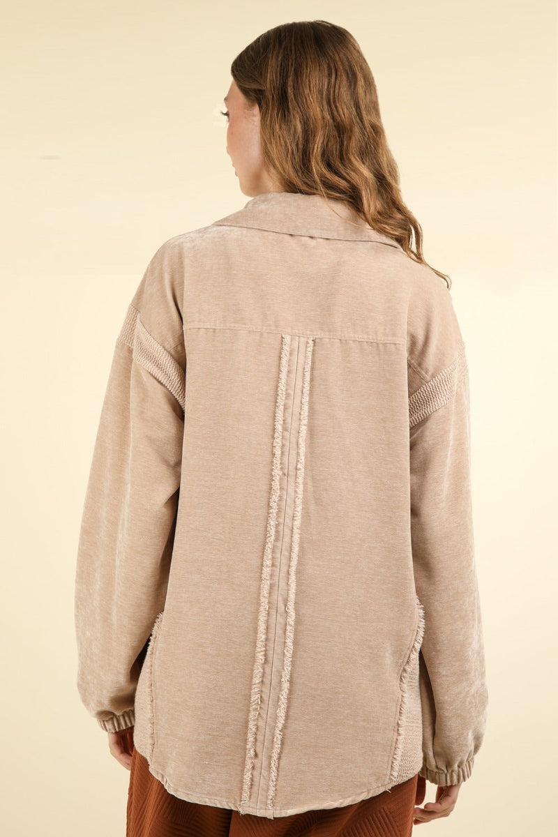 VERY J Mixed Media Button Down Raw Hem Shacket Trandify Deal