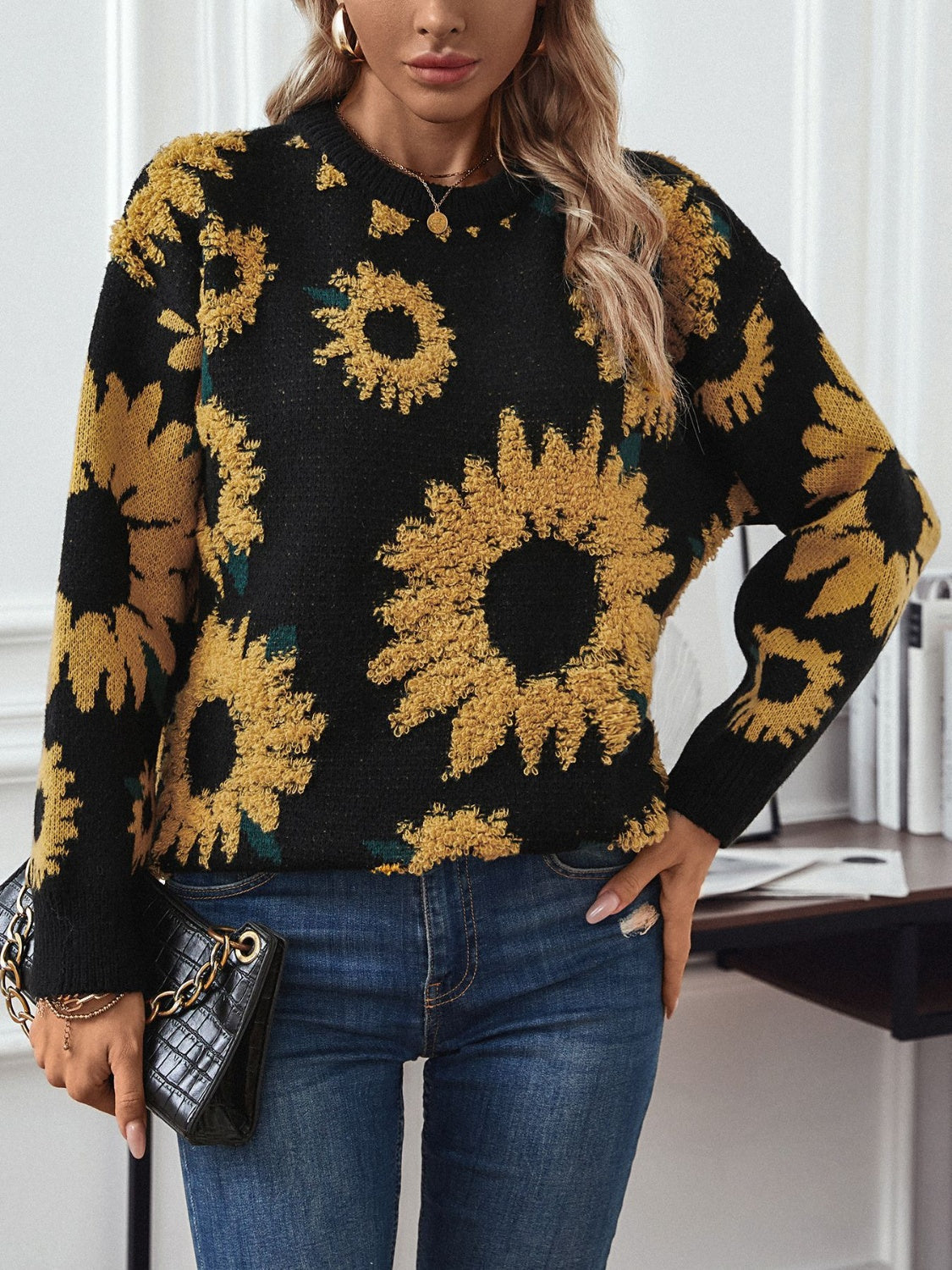 Sunflower Round Neck Long Sleeve Sweater Trandify Deal