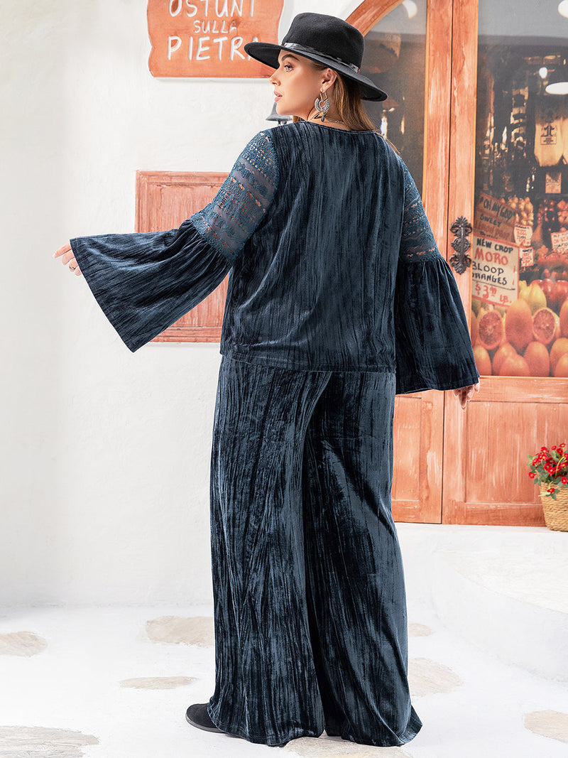 Plus Size Round Neck Flare Sleeve Top and Pants Set Trandify deal