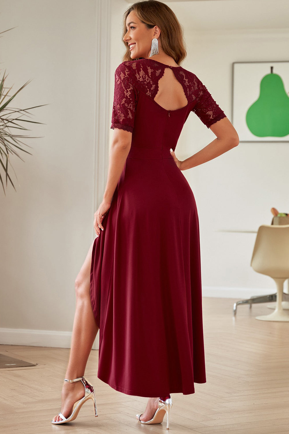 Lace Cutout V-Neck Short Sleeve Dress Trandify Deal