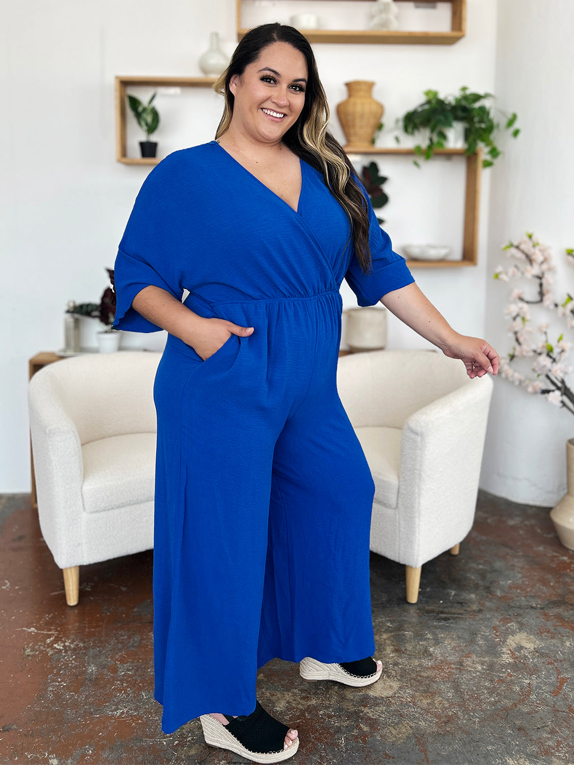 Double Take Full Size Surplice Wide Leg Jumpsuit with Pockets Trandify Deal