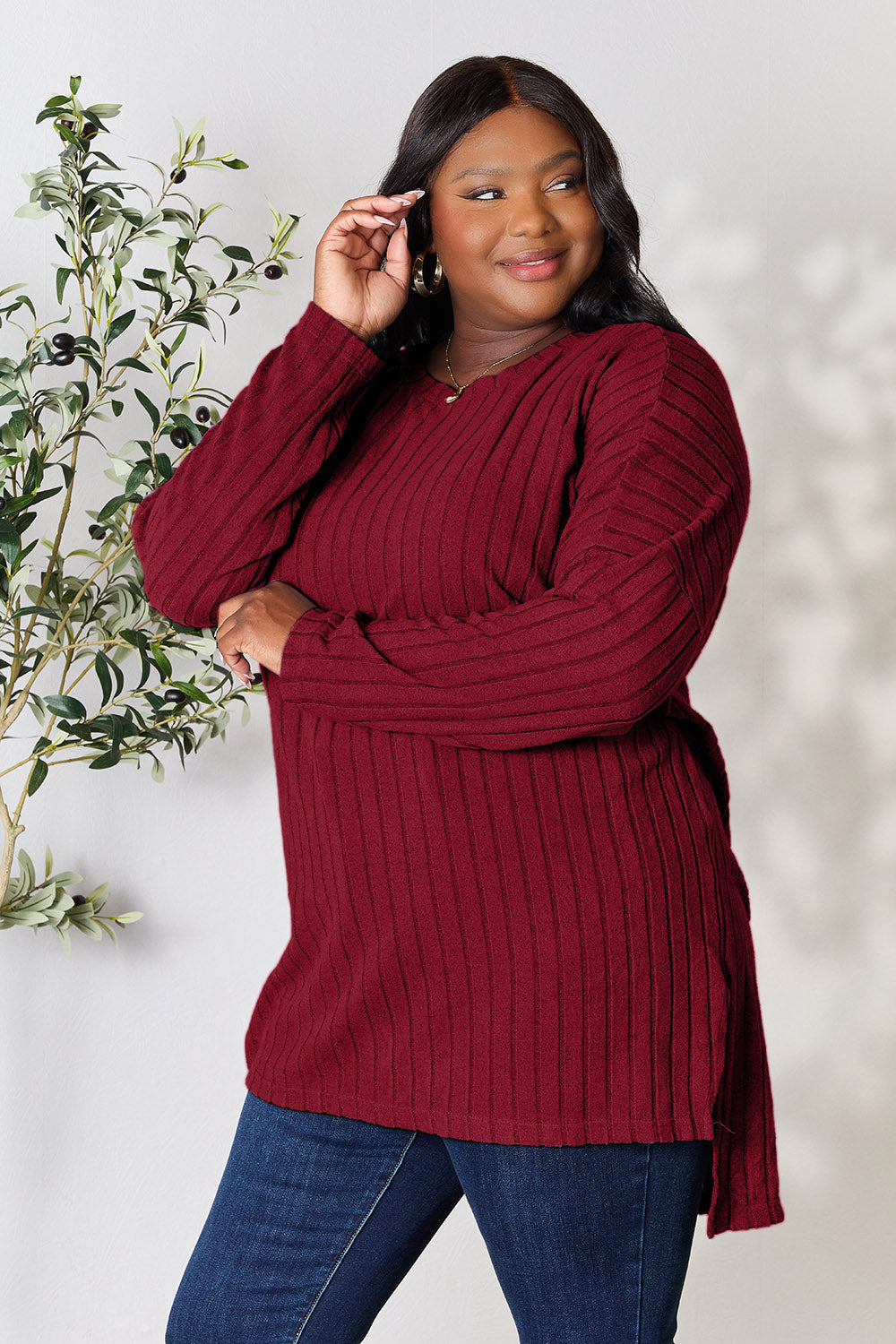 Basic Bae Full Size Ribbed Round Neck Long Sleeve Slit Top Trandify Deal
