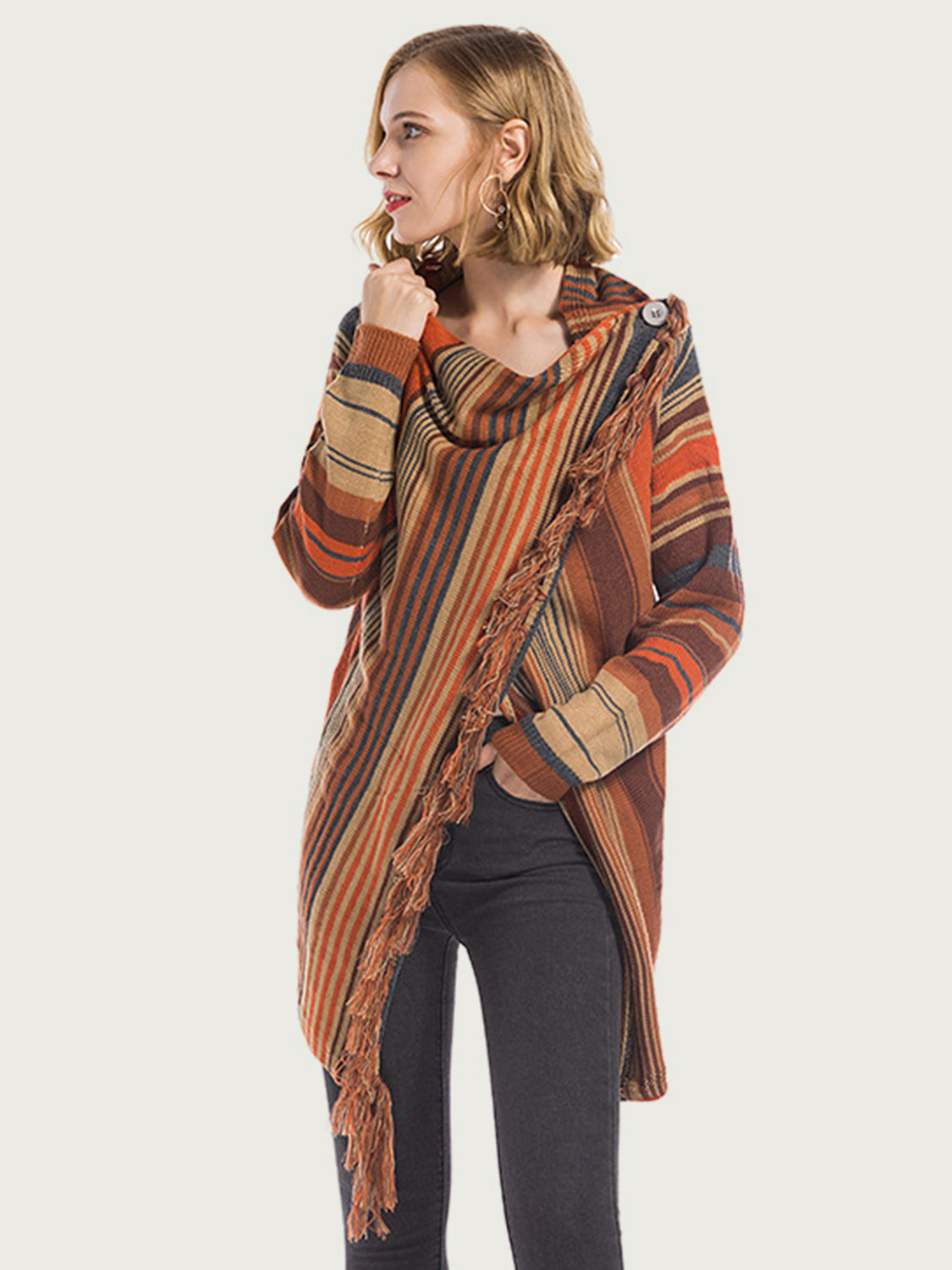 Angel Wings Tassel Striped Open Front Long Sleeve Cardigan Trandify Deal