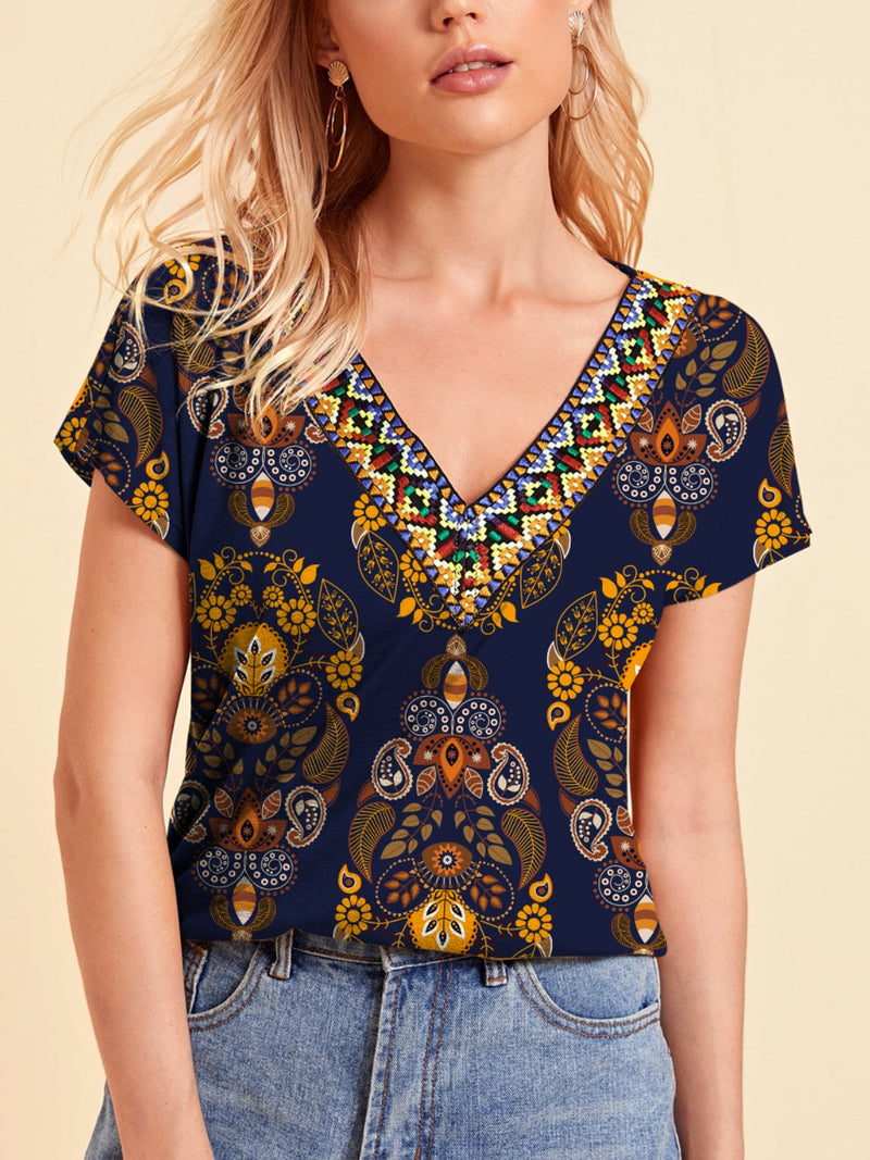 FAM-FAM Printed V-Neck Short Sleeve T-Shirt Trandify deal