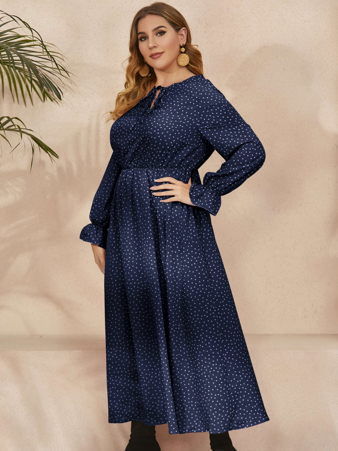 Plus Size Ruffled Polka Dot Long Sleeve Midi Dress Trandify Deal