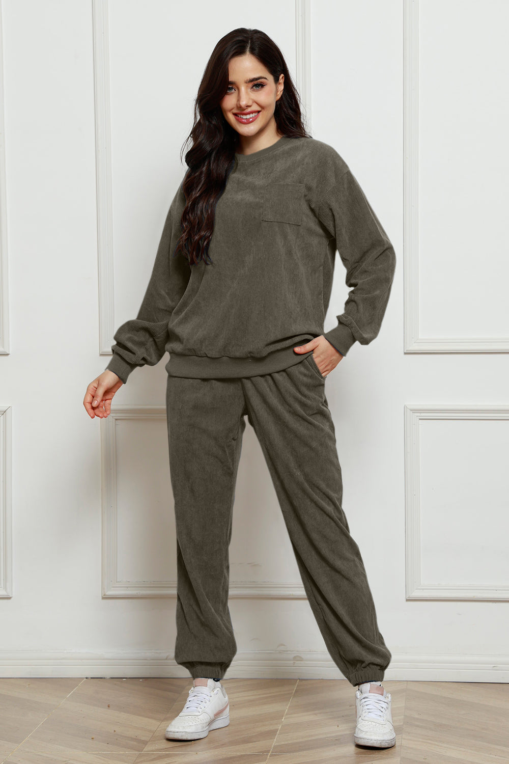 Corduroy Round Neck Sweatshirt and Sweatpants Set Trandify Deal