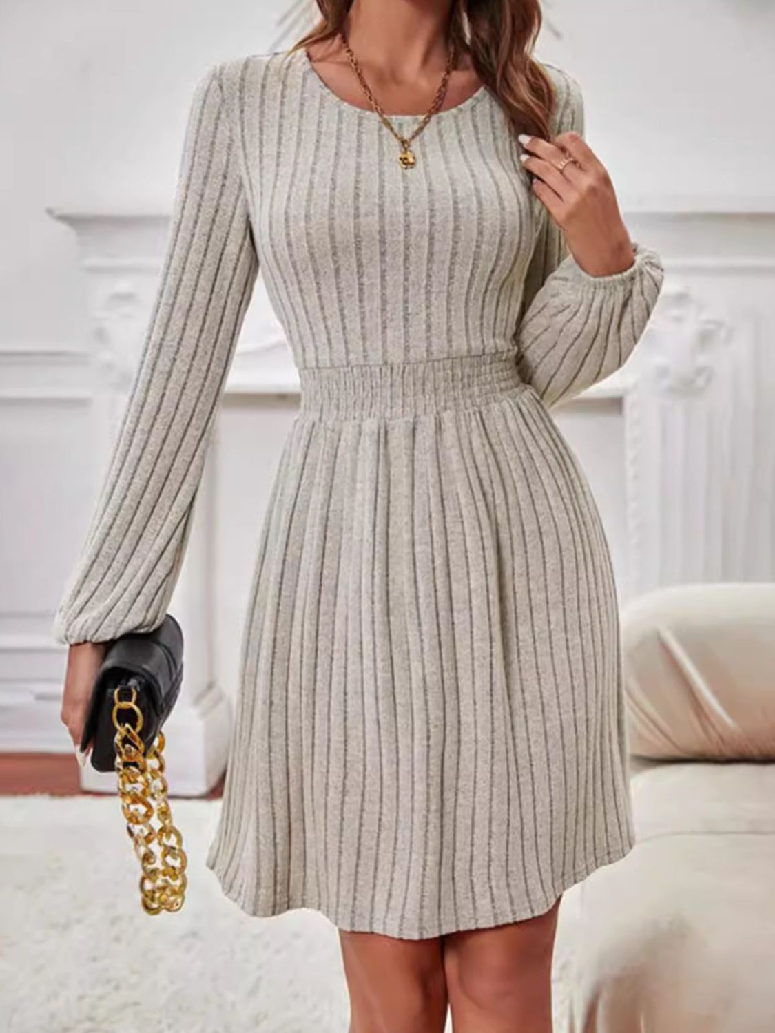 Smocked Round Neck Long Sleeve Knee Length Dress Trandify Deal