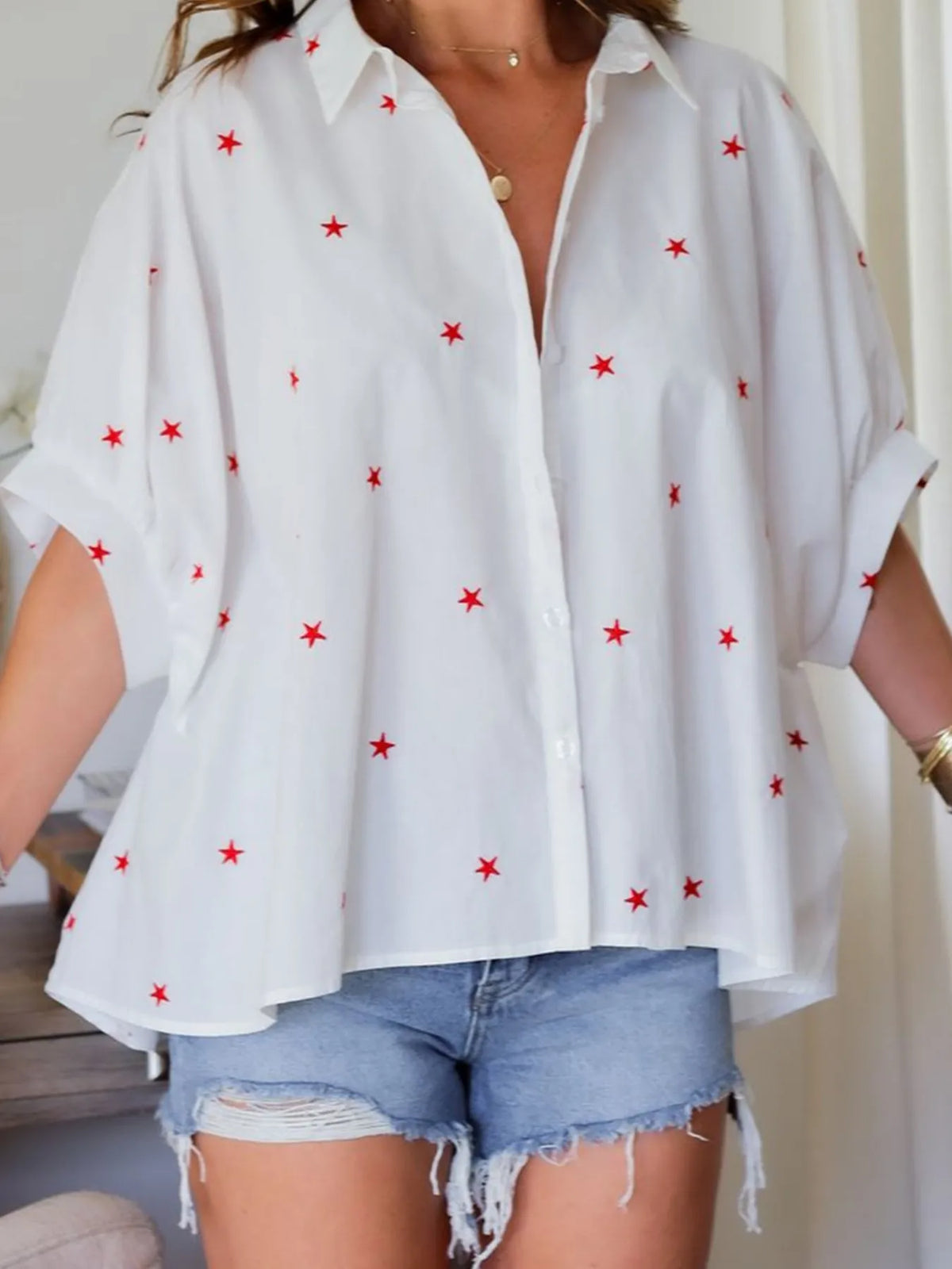 Star print puff sleeve button-up shirt for women – trendy vintage blouse for casual and office outfits