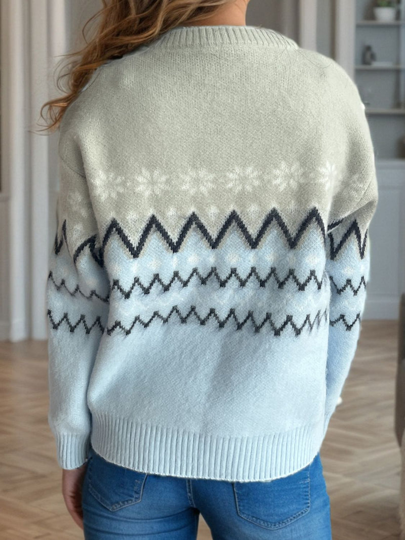 Chevron Contrast Round Neck Long Sleeve Sweater Trandify Deal