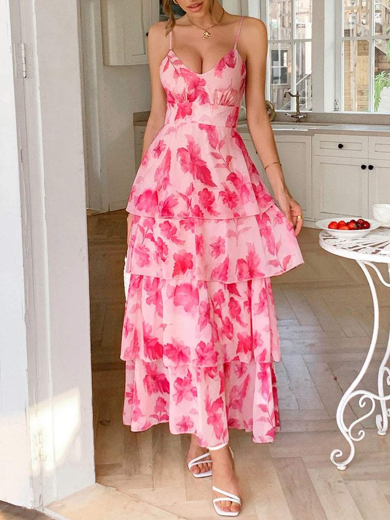 Floral Print Layered Maxi Cami Dress for Women – Boho Summer Fashion with Thigh Slit