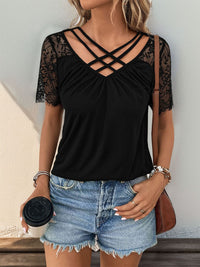 Perfee Lace Detail V-Neck Short Sleeve T-Shirt Trandify deal