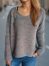 Heathered V-Neck Long Sleeve Sweater Trandify Deal