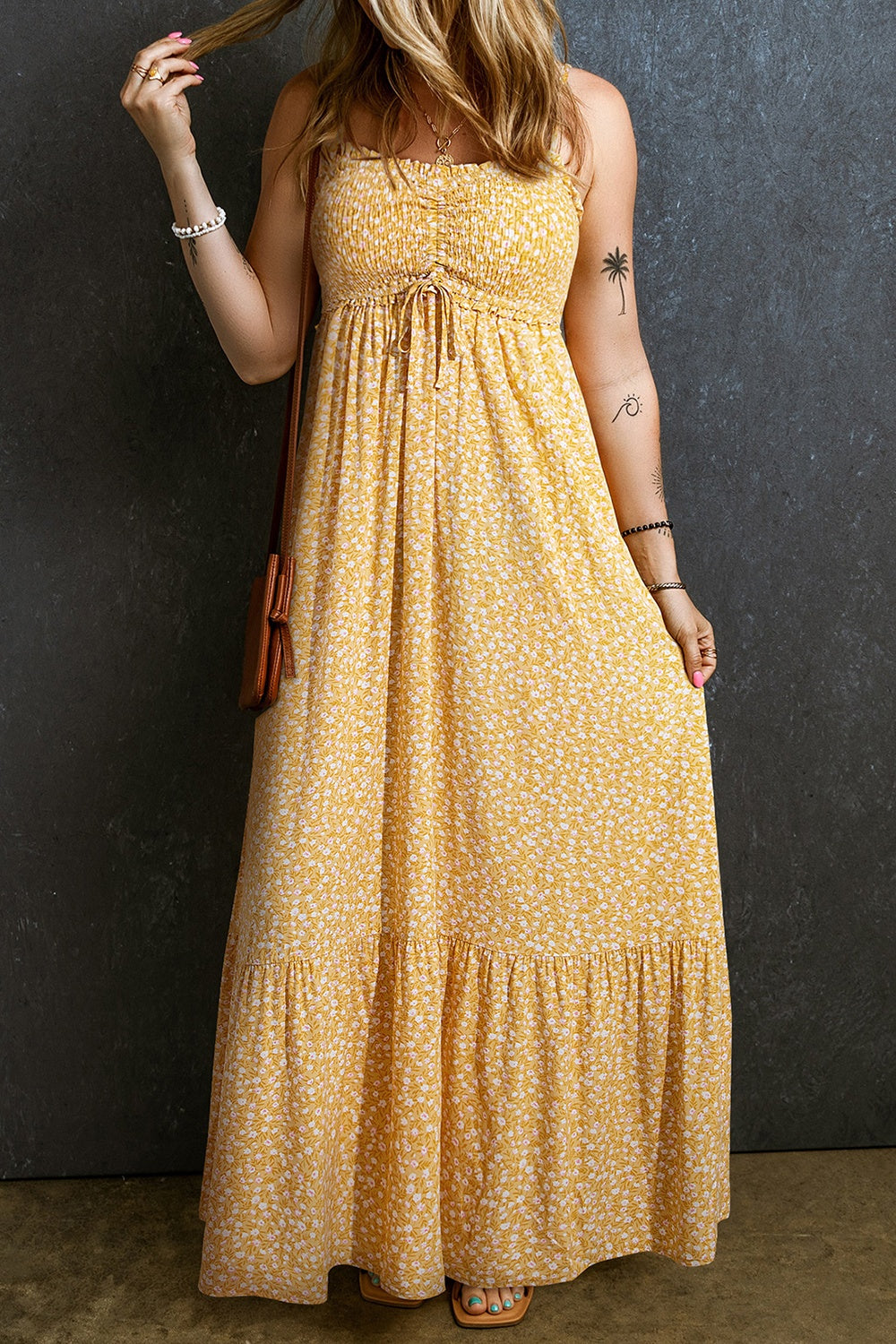 Smocked Printed Square Neck Maxi Cami Dress Trandify deal