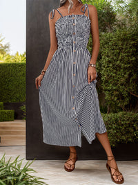 Perfee Tied Smocked Striped Sleeveless Midi Dress Trandify deal