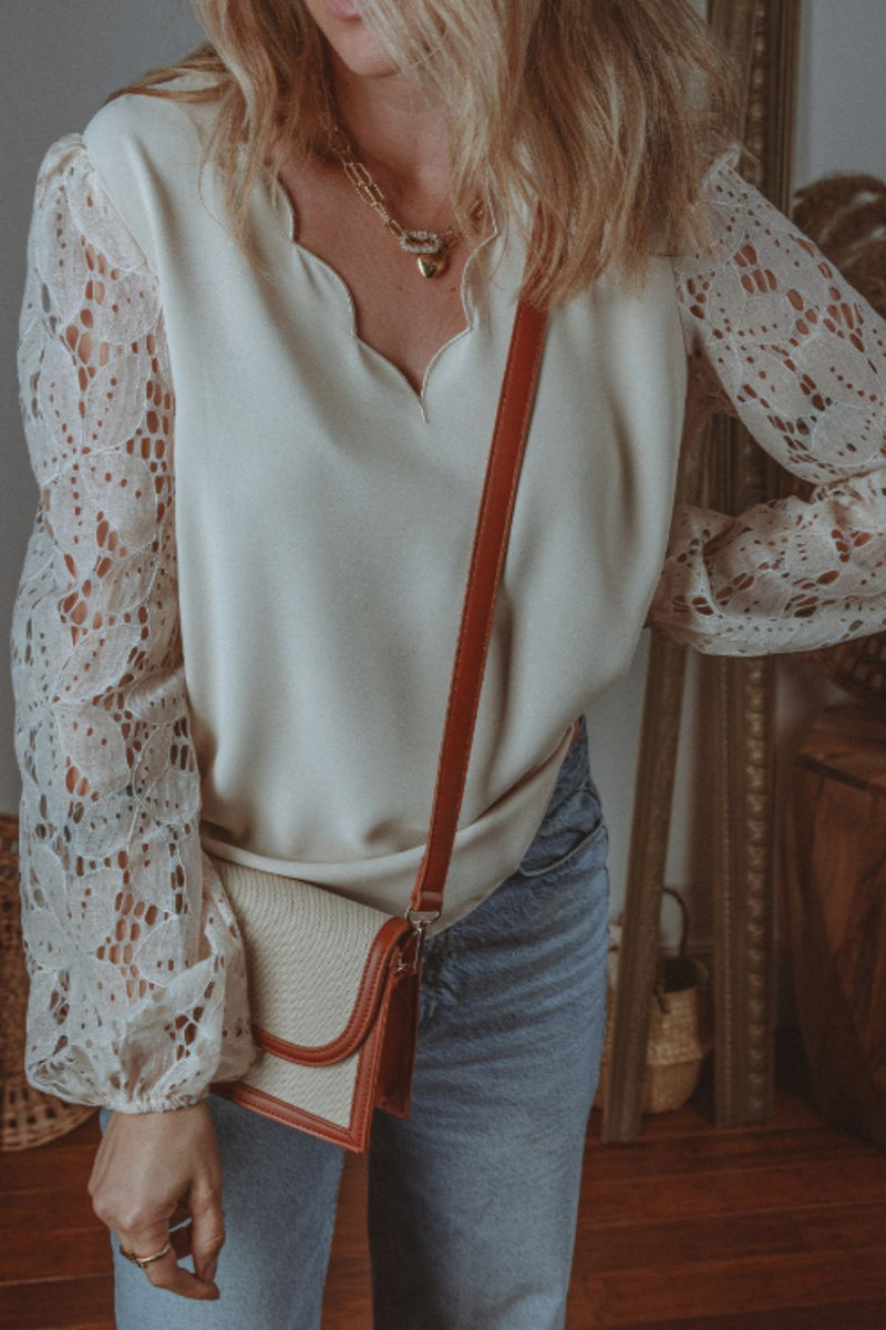V Neck Lace Balloon Sleeve Blouse Trandify Deal