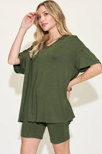 Basic Bae Full Size V-Neck Drop Shoulder T-Shirt and Shorts Set Trandify Deal