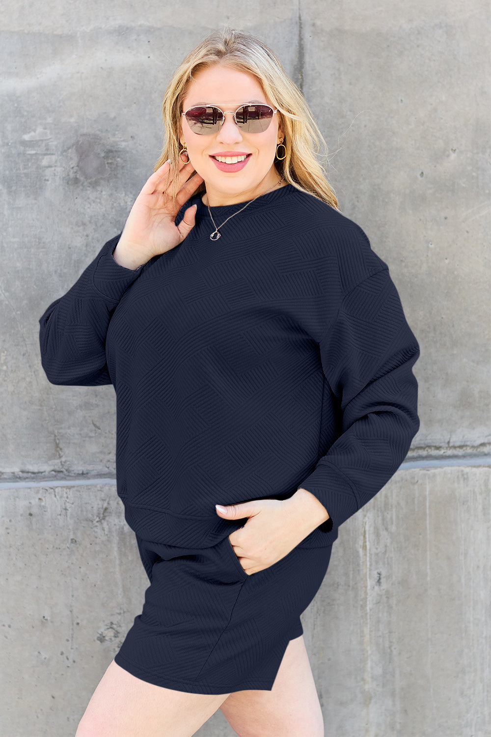 Double Take Full Size Texture Long Sleeve Top and Drawstring Shorts Set Trandify Deal