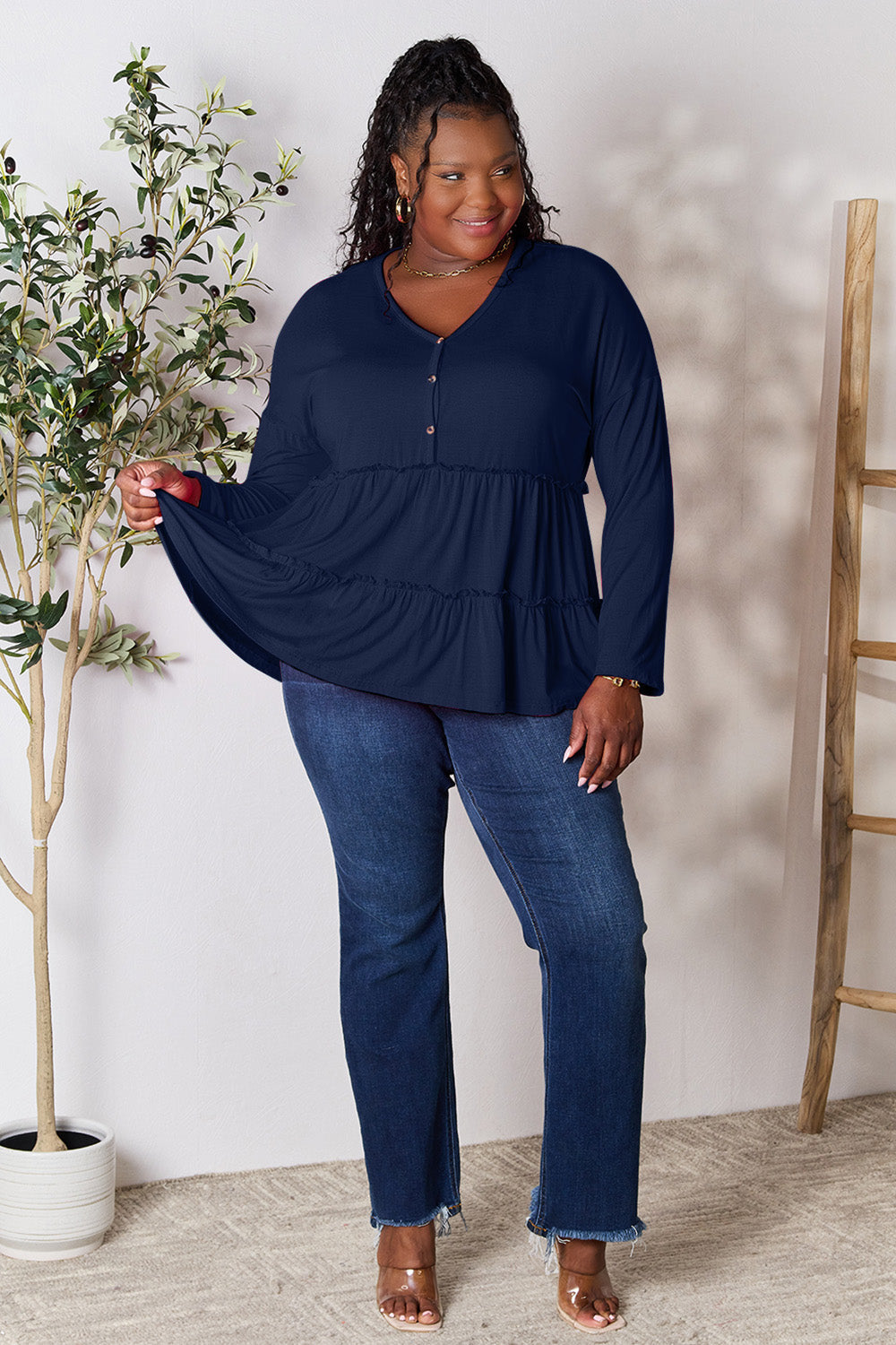 Double Take Half Button Long Sleeve Ruffle Hem Blouse Trandify Deal