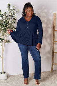 Double Take Half Button Long Sleeve Ruffle Hem Blouse Trandify Deal