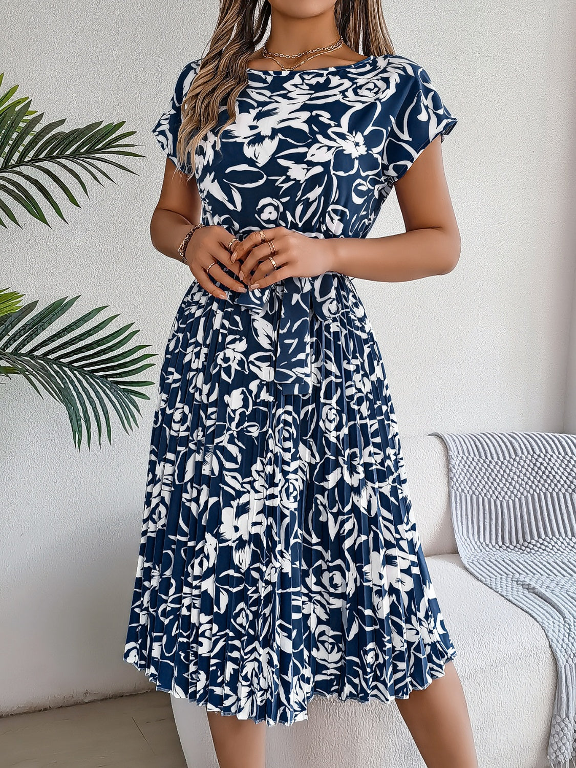 Tied Pleated Printed Short Sleeve Dress Trandify deal