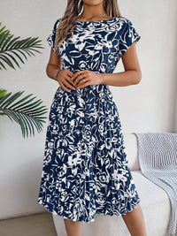 Tied Pleated Printed Short Sleeve Dress Trandify deal
