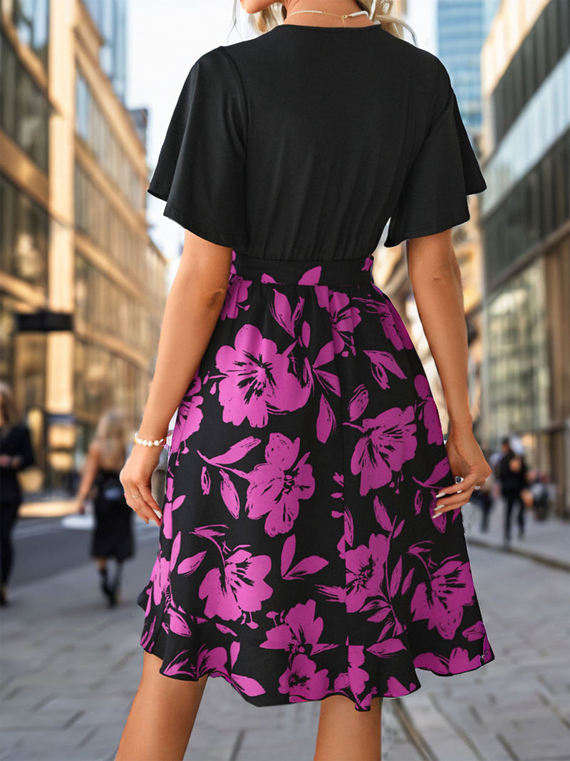 Perfee Tied Printed Surplice Short Sleeve Dress Trandify deal