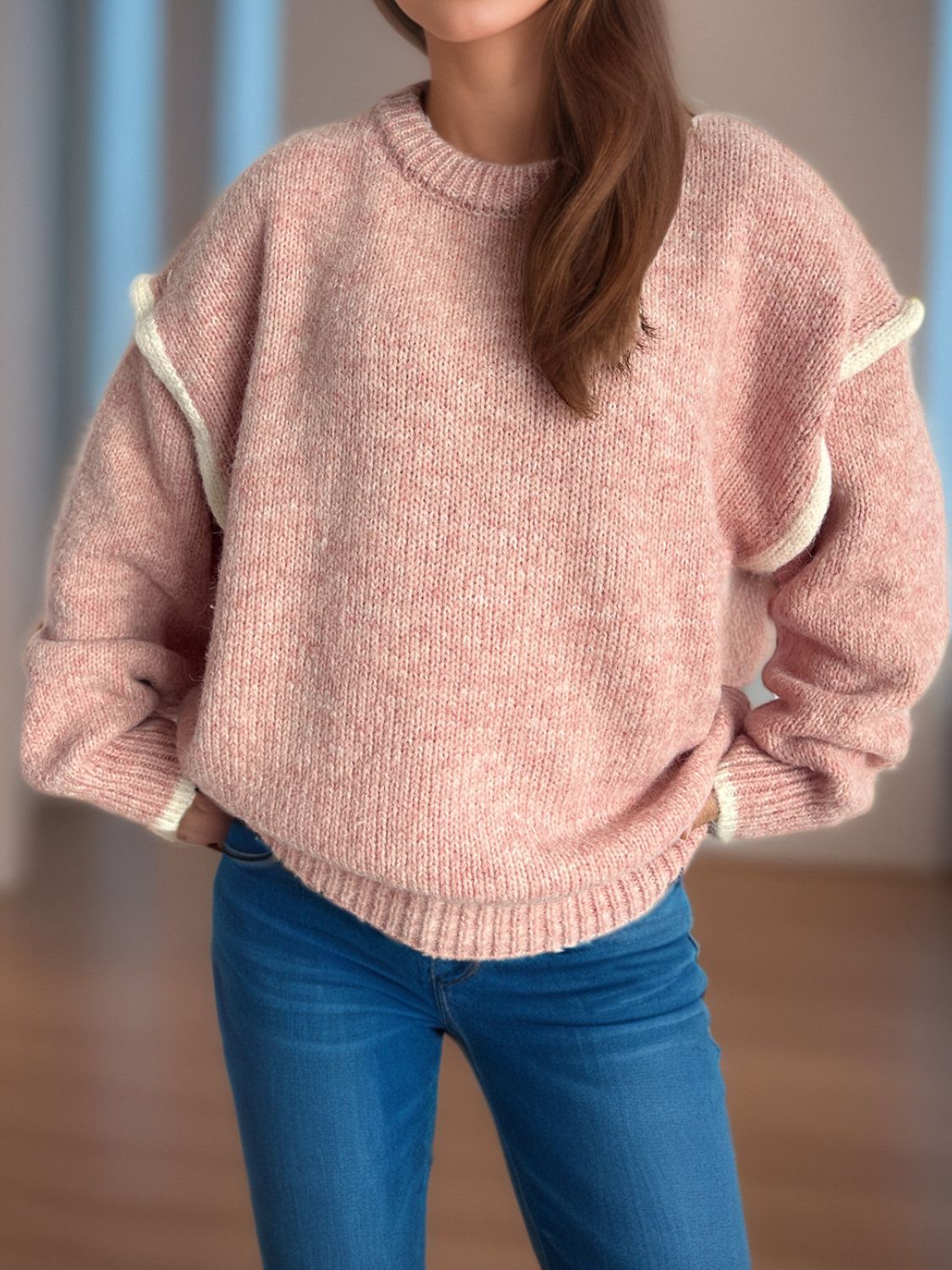 Contrast Trim Round Neck Dropped Shoulder Sweater Trandify Deal