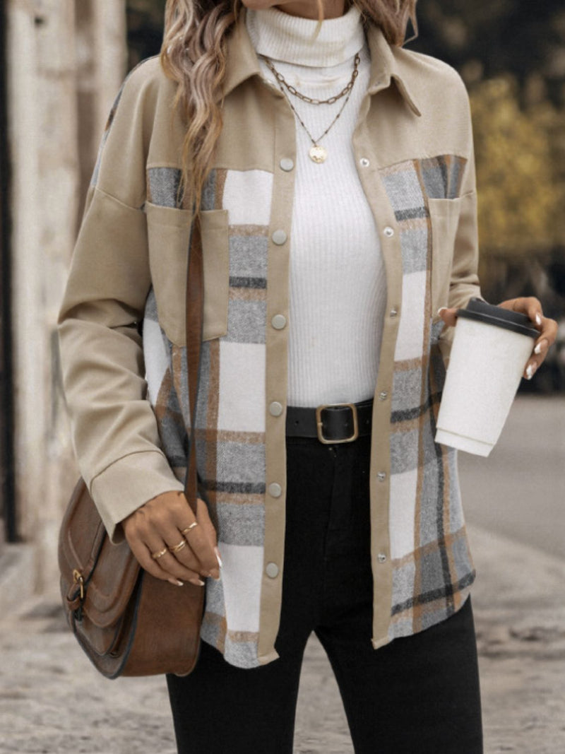 Perfee Plaid Snap Down Long Sleeve Shacket for Women - TrandifyDeal