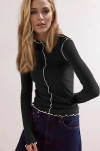 Basic Bae Contrast Trim Mock Neck Long Sleeve T-Shirt Trandify Deal