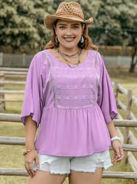 Plus Size Lace Detail Round Neck Three-Quarter Sleeve Blouse Trandify deal
