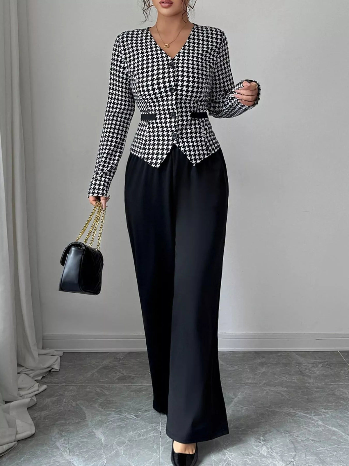 Women's Houndstooth Blazer & Wide Leg Pants Set