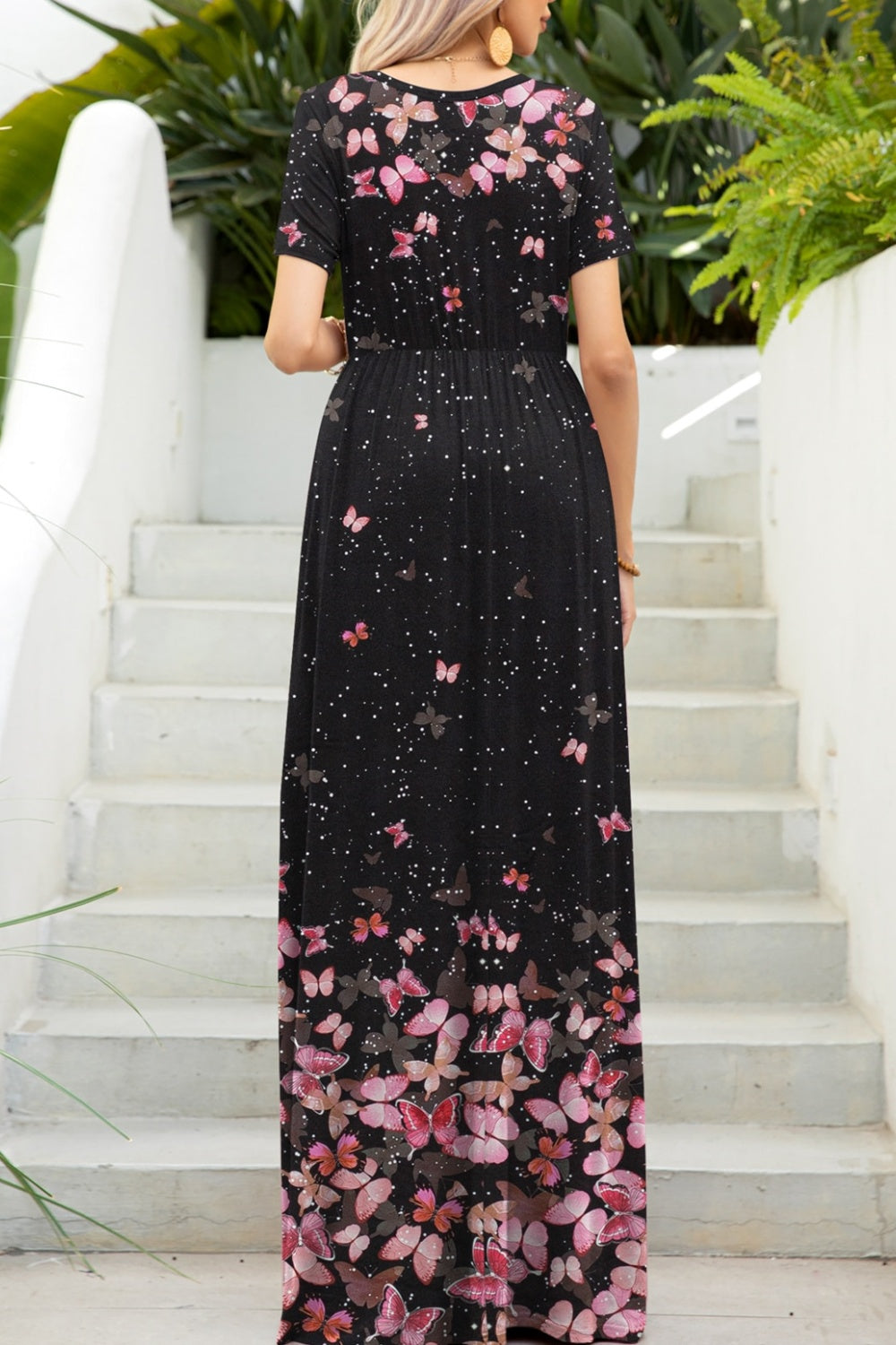 Printed Round Neck Short Sleeve Maxi Dress Trandify deal