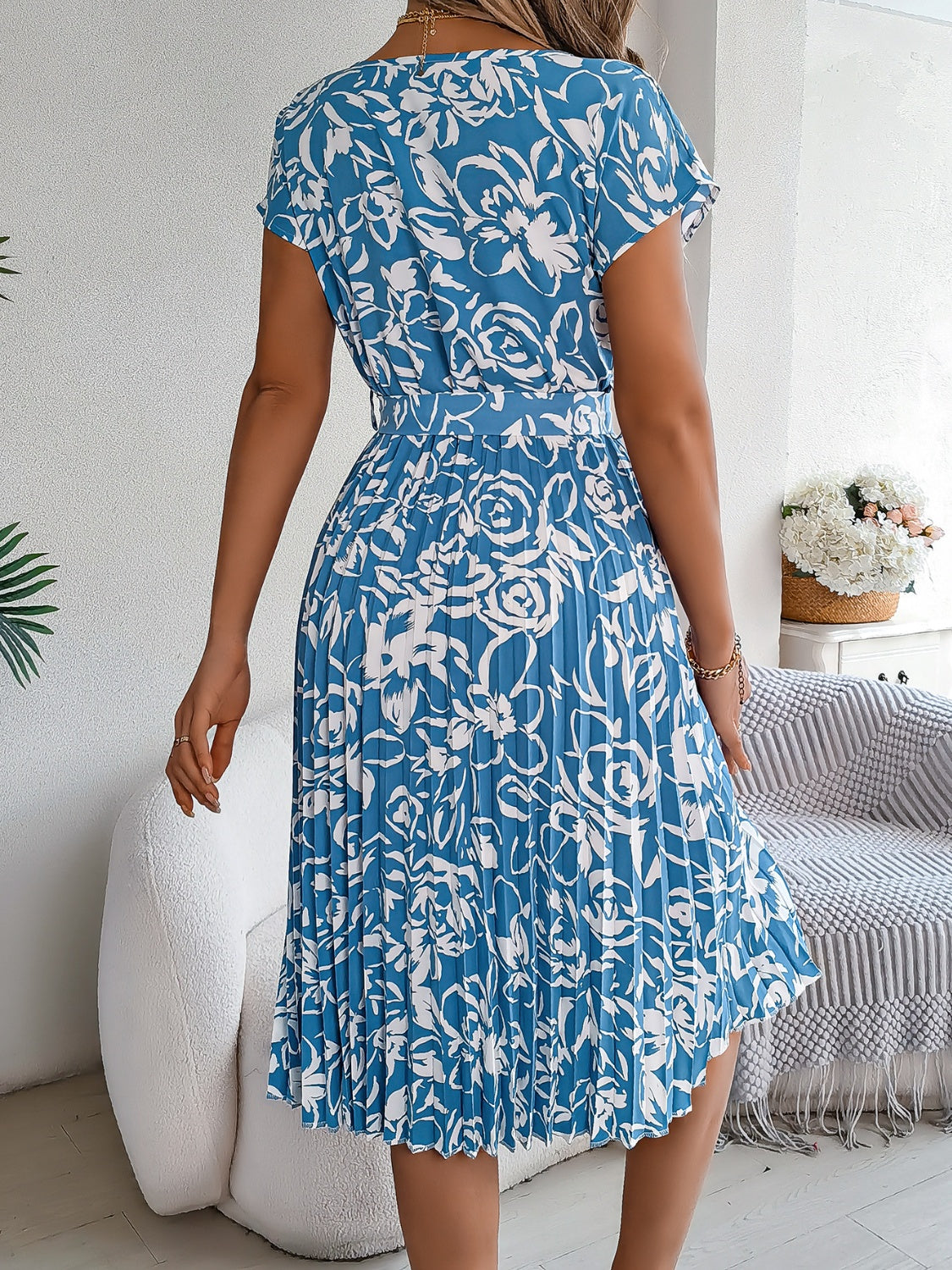 Tied Pleated Printed Short Sleeve Dress Trandify deal