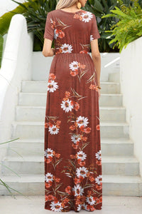 Printed Round Neck Short Sleeve Maxi Dress Trandify deal