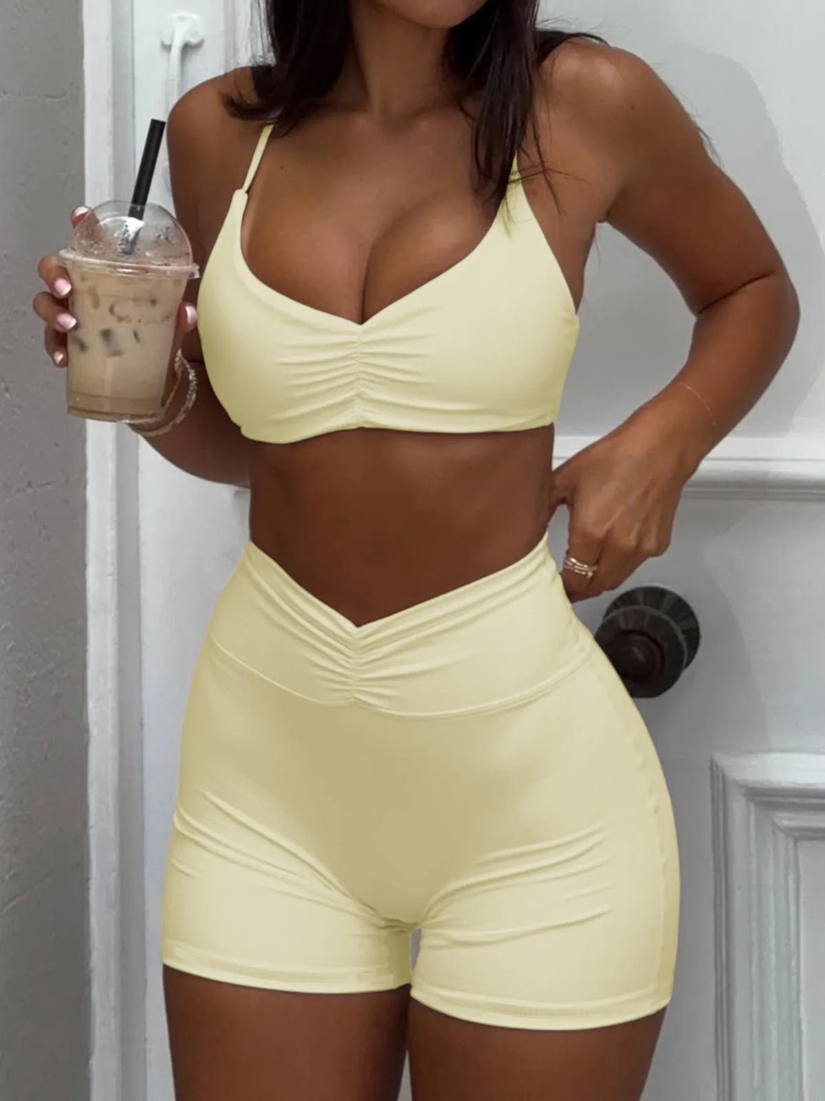 Women’s Ruched Sports Bra and High-Waisted Workout Shorts Set for Gym & Yoga