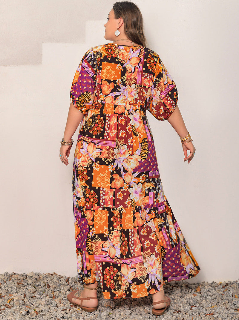 Plus Size Printed V-Neck Half Sleeve Maxi Dress Trandify Deal