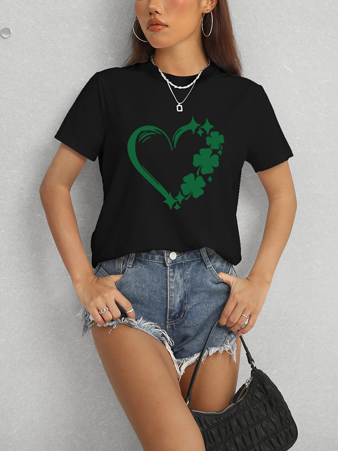 Heart Lucky Clover Round Neck Short Sleeve T-Shirt Trandify deal