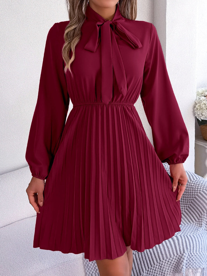 Tie Neck Balloon Sleeve Pleated Dress Trandify deal