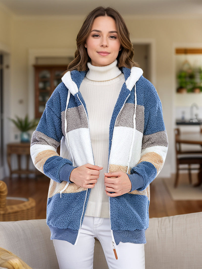 Full Size Drawstring Color Block Zip Up Hooded Outerwear Trandify Deal